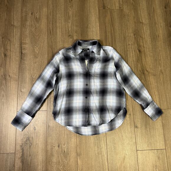 Madewell Easy Y-Neck Button-Up Shirt SZ 2XS Deep Indigo White Plaid Long Sleeve - Picture 3 of 7